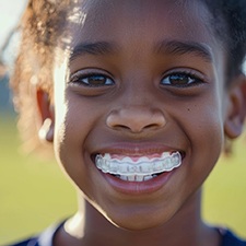 Little girl smiling in the sunshine with mouthguard over upper arch