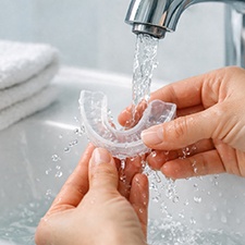 Hands holding clear mouthguard under running water