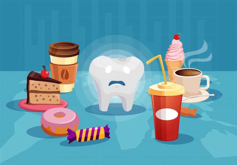 A cartoon tooth surrounded by sugar that impacts oral health